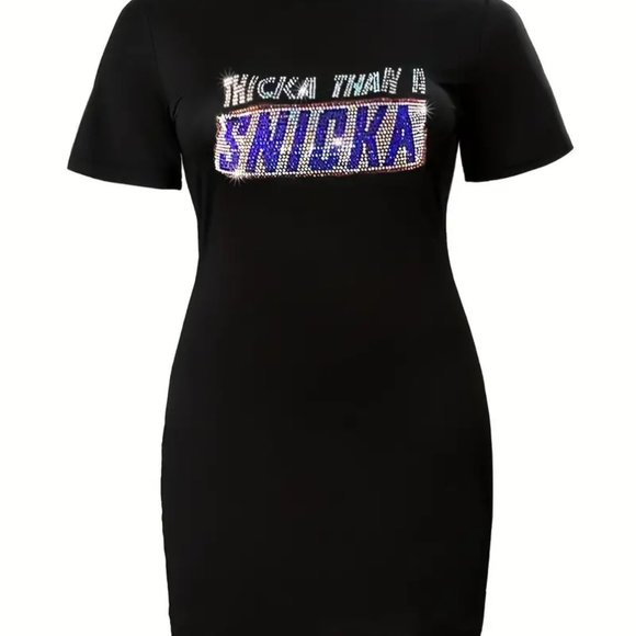 Plus Size Casual Tee Dress, Women's Plus Rhinestone Letter Short Sleeve - Picture 3 of 3